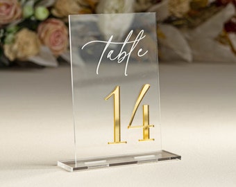 Clear and Mirror Gold Acrylic Signs - Gold Wedding Table Signs - Wedding Table Decor, Gold Table numbers, Modern wedding Table decor