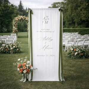 Linen Welcome Sign with stand and ribbon - Fabric Welcome Sign - Wedding Banner - Modern Fabric Wedding Sign