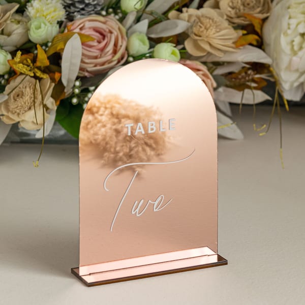 Mirror Rose Gold Table Numbers | Arch Table Numbers | Acrylic Table Numbers | Table Number Wedding, Wedding table decorations,Rose gold sign