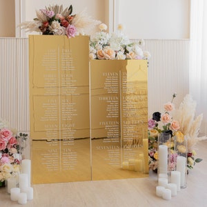 Tabla de asientos de acrílico dorado, tabla de asientos para bodas, letrero de asientos para bodas, letrero de boda por favor siéntese, plan de invitados a la boda