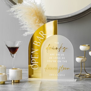 Open Bar Arched Wedding Sign, Open Bar Acrylic Sign, Wedding Table Decor, Gold Mirror Wedding Bar Sign , Gold Acrylic Drinks Sign, Bar signs