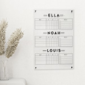 Gepersonaliseerde kluskaart voor 3 kinderen, acryl droog wisbord, gezinsplanner, commandocentrum, gepersonaliseerd klusbord voor 3 kinderen