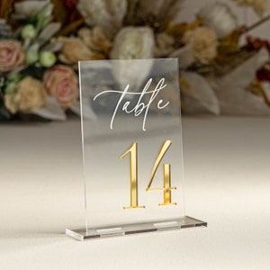 Clear and Mirror Gold Acrylic Signs Gold Wedding Table Signs Wedding Table Decor, Gold Table numbers, Modern wedding Table decor image 1