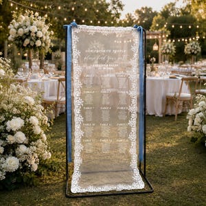 May include: A vertical rectangular wedding seating chart sign featuring a sheer fabric panel with white lace borders, suspended on a black metal frame with blue ribbons. The text reads: OUR FAVORITE PEOPLE please find your seat LORAINE & HALEN 04.20.2024.