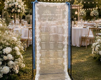 Kanten tafelindeling voor de bruiloft met standaard en linten - Stoffen welkomstbord voor de bruiloft - Bruiloftsdecoratie op maat