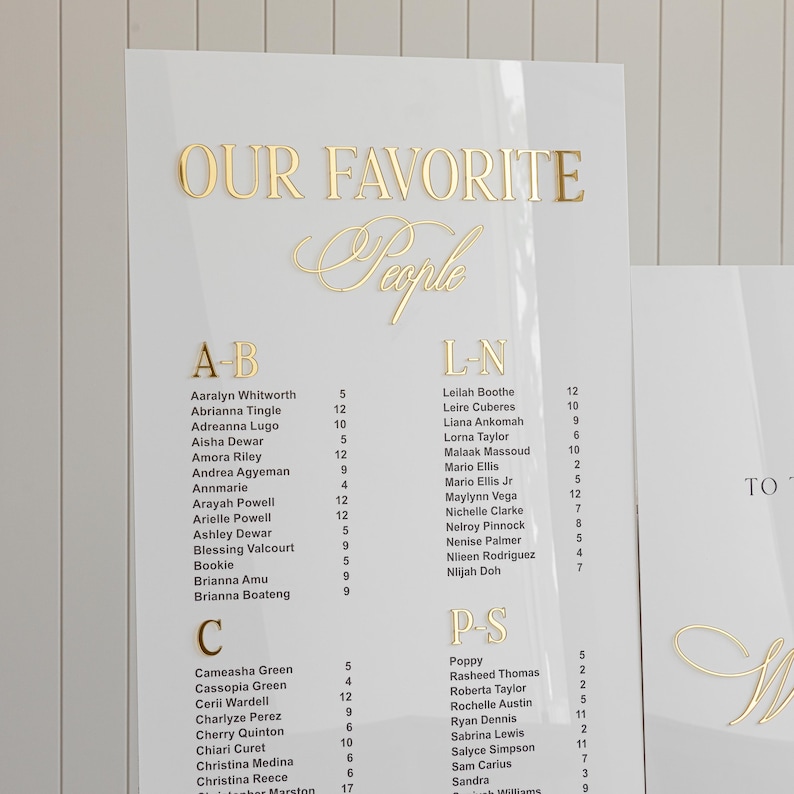 K&ouml;nnte beinhalten: Ein wei&szlig;es Acrylschild mit goldenen Buchstaben listet Namen und Zahlen auf. Das Schild tr&auml;gt oben die Aufschrift "Our Favorite People" und ist in drei Abschnitte unterteilt: A-B, L-N und P-S. Jeder Abschnitt listet die Namen in alphabetischer Reihenfolge mit einer entsprechenden Nummer neben jedem Namen auf.