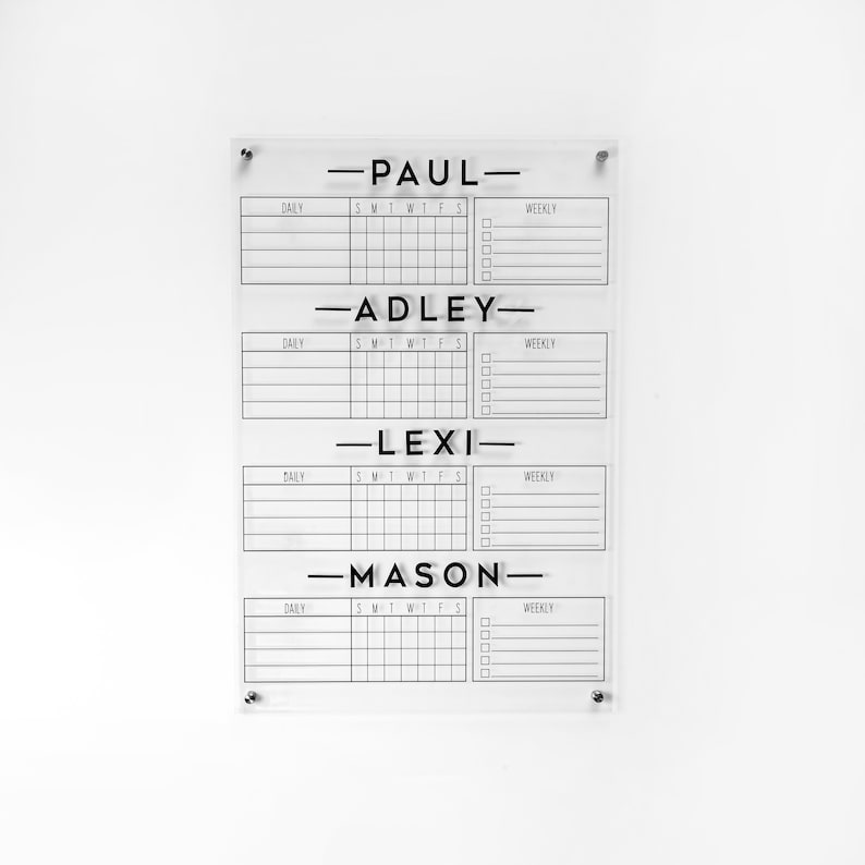 Personalized Chore Chart for Four Kids, Acrylic Dry Erase Board, Family ...