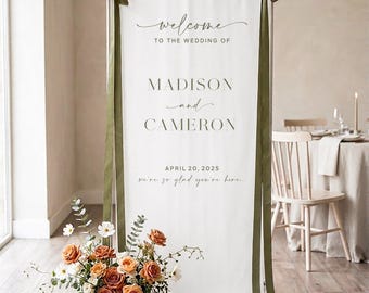 Cartello di benvenuto per matrimonio in tessuto - Cartello di benvenuto in lino - Striscione per matrimonio - Cartello di benvenuto moderno in lino per matrimonio con nastri e supporto.
