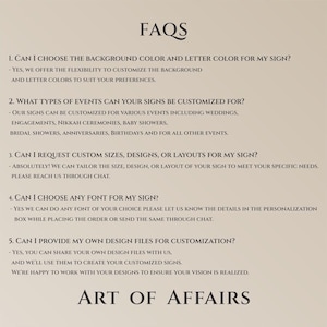 Peut inclure: Sur un fond beige, le texte "FAQS" est affich&eacute; en haut, suivi d'une liste de questions et de r&eacute;ponses concernant les enseignes personnalis&eacute;es. Le bas de l'image affiche "ART OF AFFAIRS". Le texte est en caract&egrave;res fonc&eacute;s.