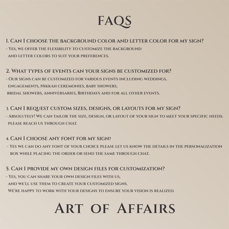 Peut inclure: Sur un fond beige, le texte "FAQS" est affich&eacute; en haut, suivi d'une liste de questions et de r&eacute;ponses concernant les enseignes personnalis&eacute;es. Le bas de l'image affiche "ART OF AFFAIRS". Le texte est en caract&egrave;res fonc&eacute;s.