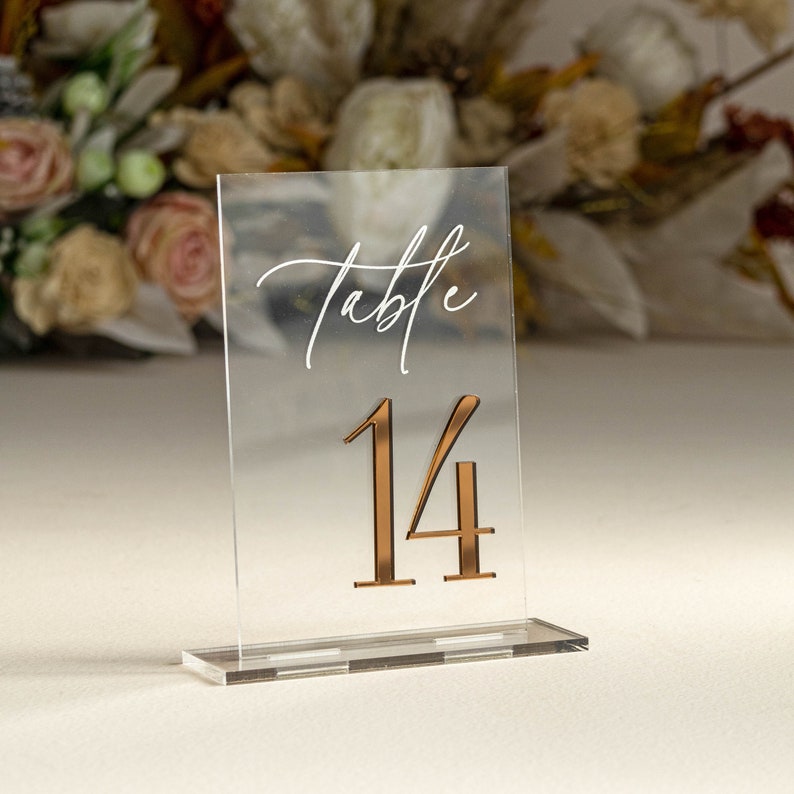 Clear and Mirror Gold Acrylic Signs Gold Wedding Table Signs Wedding Table Decor, Gold Table numbers, Modern wedding Table decor image 3