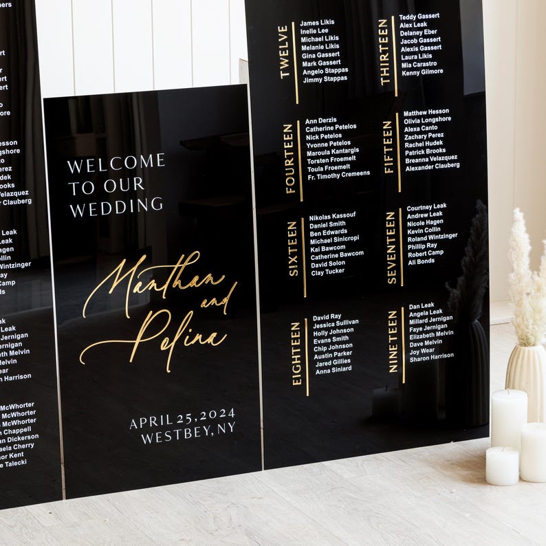 May include: Black acrylic wedding seating chart with gold lettering. The chart is divided into sections labeled with numbers from twelve to nineteen. Each section lists names of guests. The chart also includes the text "Welcome to our wedding" and "Marthen and Polina" in gold script. The date "April 25, 2024" and the location "Westbey, NY" are also included in gold lettering.