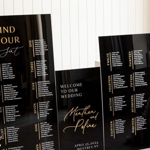 May include: Black acrylic wedding seating chart with gold lettering. The chart is divided into sections labeled with numbers from one to nineteen. Each section lists names of guests. The chart also includes the text "Find Your Seat", "Welcome to Our Wedding", "Meathern and Poline", "April 25, 2024", and "Westbey, NY".