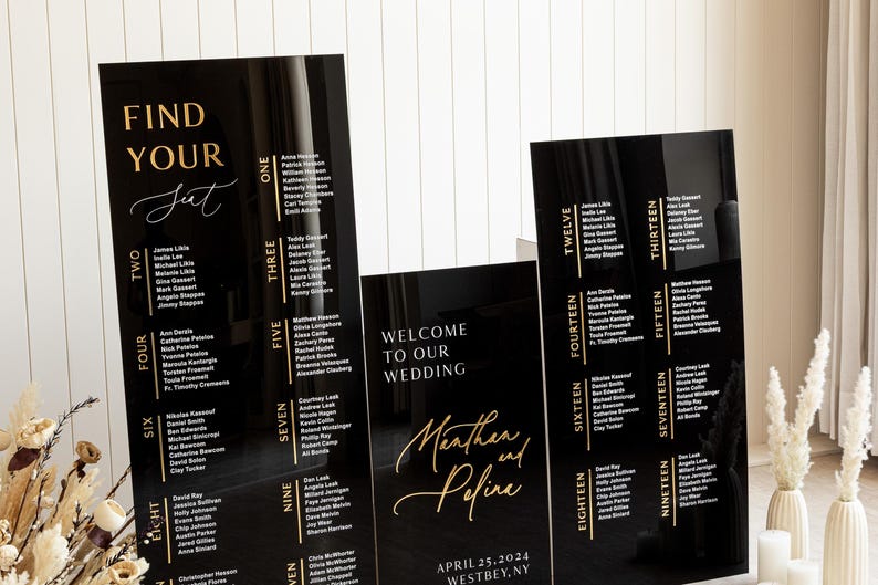 May include: Black acrylic wedding seating chart with gold lettering. The chart is divided into sections labeled with numbers from one to nineteen. Each section lists names of guests. The chart also includes the text "Find Your Seat", "Welcome to Our Wedding", "Meathern and Poline", "April 25, 2024", and "Westbey, NY".