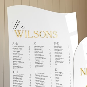 Puede incluir: Un plano de mesa de boda de acr&iacute;lico blanco con un borde superior ondulado. El texto "The WILSONS" aparece en la parte superior, con "The" en letra cursiva negra y "WILSONS" en letras doradas en relieve. Los nombres de los invitados est&aacute;n ordenados alfab&eacute;ticamente.