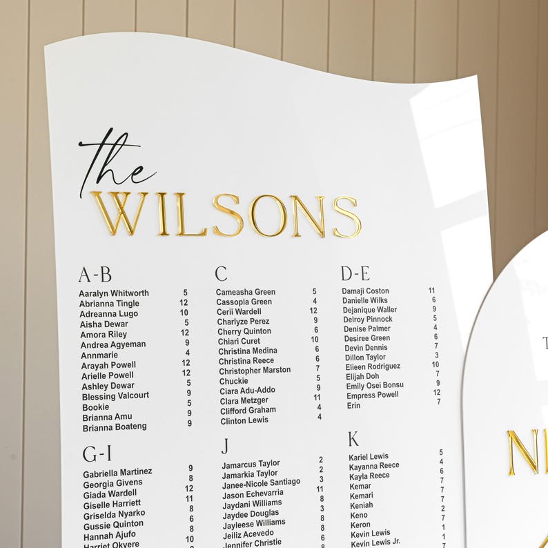 Puede incluir: Un plano de mesa de boda de acr&iacute;lico blanco con un borde superior ondulado. El texto "The WILSONS" aparece en la parte superior, con "The" en letra cursiva negra y "WILSONS" en letras doradas en relieve. Los nombres de los invitados est&aacute;n ordenados alfab&eacute;ticamente.
