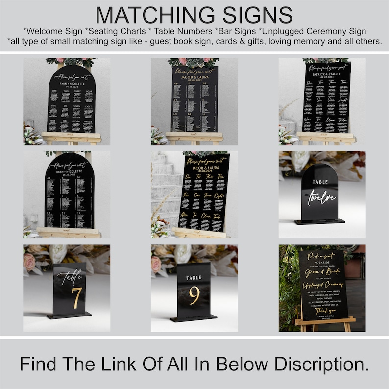 May include: A set of black acrylic wedding signs with gold lettering. The signs include a welcome sign, seating chart, table numbers, bar sign, and unplugged ceremony sign. The signs are all in a modern, minimalist style.