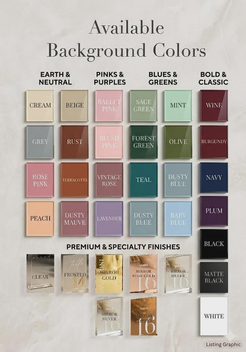 Puede incluir: Una carta de colores titulada Available Background Colors que muestra varias muestras categorizadas como Earth & Neutral, Pinks & Purples, Blues & Greens, Bold & Classic y Premium & Specialty Finishes, incluyendo opciones mate, espejo y transparentes.