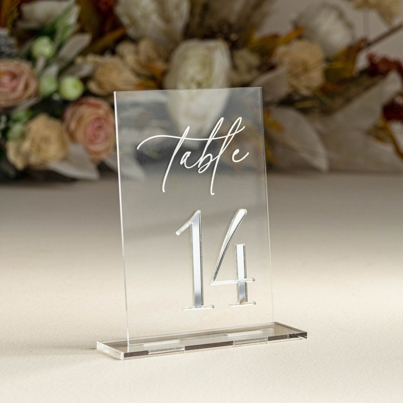 Clear and Mirror Gold Acrylic Signs Gold Wedding Table Signs Wedding Table Decor, Gold Table numbers, Modern wedding Table decor image 5