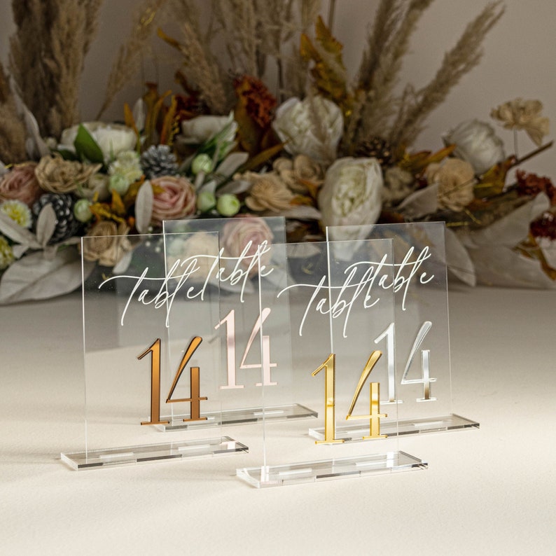 Clear and Mirror Gold Acrylic Signs Gold Wedding Table Signs Wedding Table Decor, Gold Table numbers, Modern wedding Table decor image 2