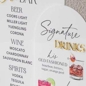 May include: A white bar menu with gold lettering and a list of drinks. The menu includes beer, wine, and spirits. The "Signature Drinks" section features an Old Fashioned cocktail illustration.