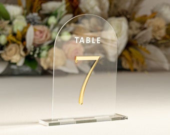 Clear and Mirror Gold Acrylic Signs - Gold Wedding Table Signs - Wedding Table Decor, Gold Table Numbers, Arched acrylic table numbers