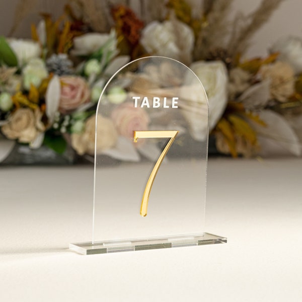 Clear and Mirror Gold Acrylic Signs - Gold Wedding Table Signs - Wedding Table Decor, Gold Table Numbers, Arched acrylic table numbers