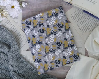 Gray Leaves Book Sleeve - Padded Book Cover - Floral Book Sleeve - Travel Sleeve -  iPad, Kindle, Tablet Sleeve