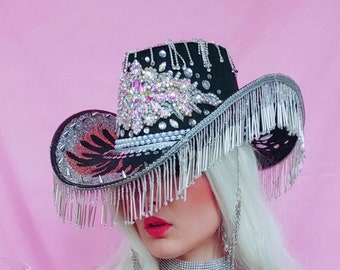 Black fringe party rave festival sequin embellished cowboy hat