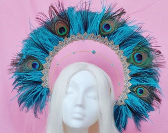 Blue peacock Feather sequin festival embellished headdress rave crown