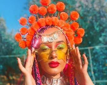 Orange Pompom empress headdress. Festival rave crown