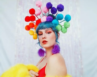 Rainbow multicoloured pompom headdress