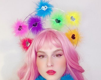 Bright rainbow silver heart fluffy crown/rave/headdress/headwear/cochella burning man/headpiece/hand made/party hens do/headband/feather