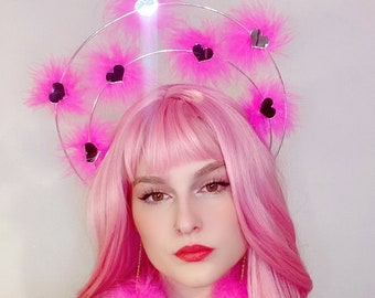 Bright Pink silver heart fluffy halo crown/rave/headdress/headwear/cochella burning man/headpiece/hand made/party hens do/headband/feather