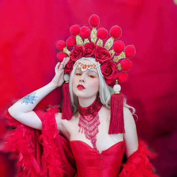 Red Lü Zhi gold empress pompom, rose, flower, festival headdress