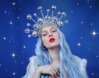 Silver Disco queen crown. Disco ball party rave festival crown.