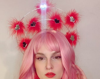 Red silver gift heart fluffy halo crown/rave/headdress/headwear/cochella burning man/headpiece/hand made/party hens do/headband/feather/