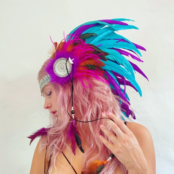 Festival feather headdress plume rave crown rainbow headband headpiece