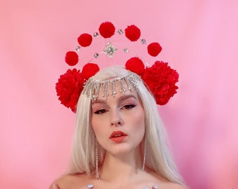 Red halo valentine day Cupid heart pompom and rose crown headdress headband