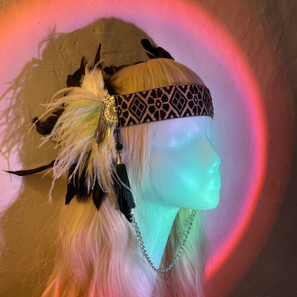 Festival feather headdress plume rave crown rainbow headband headpiece American Indian inspired tribal hand made burning man gift cochella