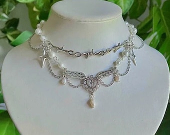 Handmade fairy tale core Necklace / Y2K independent jewelry Pixie fairycore necklace pearl necklace love necklace Cross Necklace