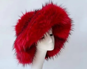 Red Xxl festival Fashion Faux Fur Bucket Hat Women Fur Cap Russian Women Luxury Fluffy Panama Fisherman Hat Festival rave gift rave