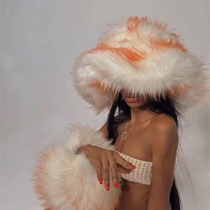 Pink Xxl festival Fashion Faux Fur Bucket Hat Women Fur Cap Russian Women Luxury Fluffy Panama Fisherman Hat rave gift rave with bag