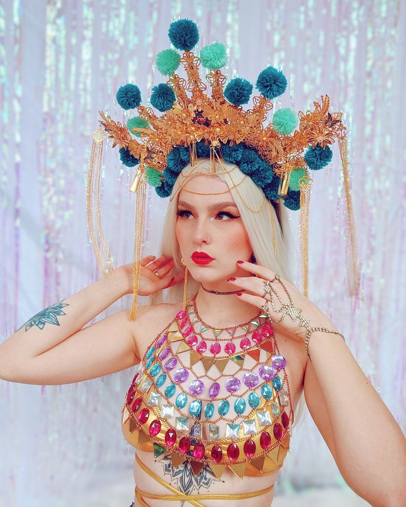 Blue L\u00fc Zhi gold empress pompom rave festival headdress with matching earrings