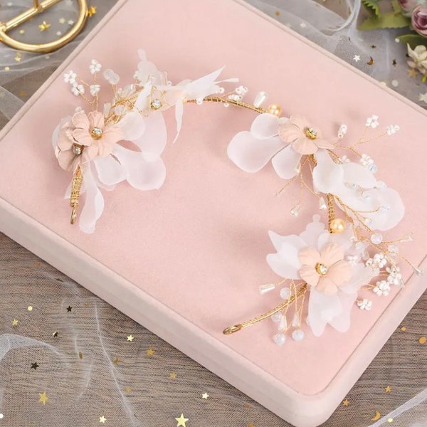 Floral Hairband Tiaras crown headdress Hanfu Hair Accessories For Women Pink Flower Hair Hoop Fairy Headwear Bride Hair Jewelry Gift