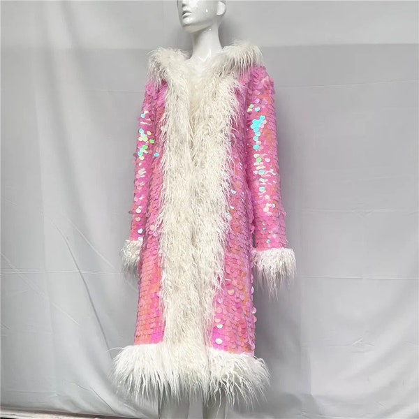 Fashion festival women Faux fur sequin hood Nightclub long coat jacket party rave burning man sparkly Afghan pink white iridescent