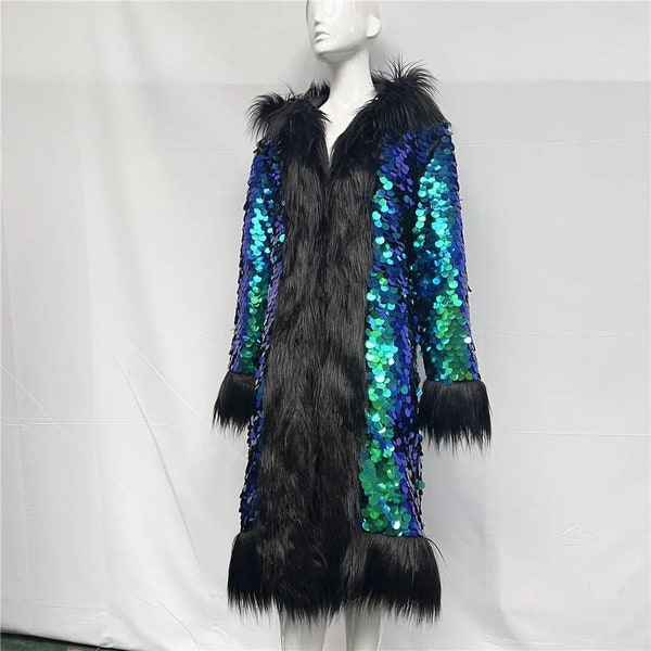 Fashion festival women Faux fur sequin hood Nightclub long coat jacket party rave burning man sparkly Afghan black green blue iridescent