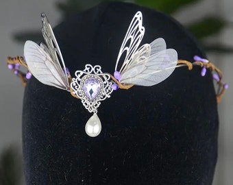 Witch Woodland Crescent Moon Tiara Faerie Wing and Crystal Tiara Pagan Witch Headband Hairwear Wicca Gift Fairy silver moon festival rave