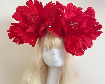 Red Giant hunger games pink flower crown/rave/headdress/headwear/cochella burning man/headpiece/hand made/party hens do/headband/fairy