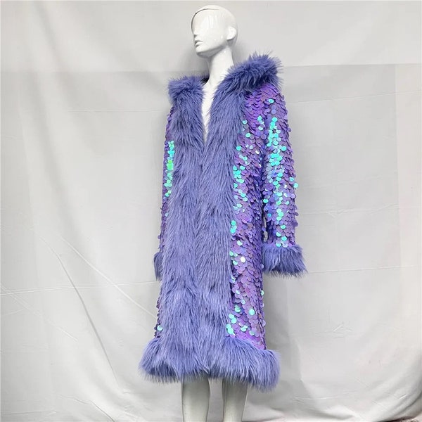 Fashion festival women Faux fur sequin hood Nightclub long coat jacket party rave burning man sparkly Afghan lilac purple iridescent